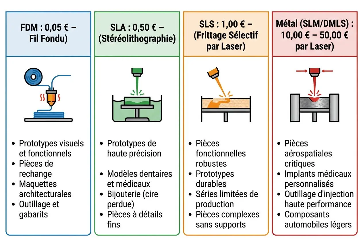 Diagramme montrant quatre options de fabrication et leurs coûts avec icônes : FDM 0,05 €; SLA 0,50 €; SLS 1,00 €; Métal (SLM/DMLS) 10,00–50,00 € par laser. Inclut pièces prototypes et détails. Impression 3d prix intégrée.