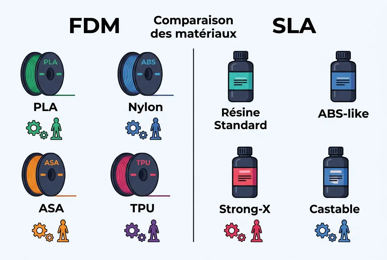 Différence entre FDM et SLA : comparaison des matériaux et options d’impression 3D, avec PLA, ASA, NP et résines standards et spéciaux.