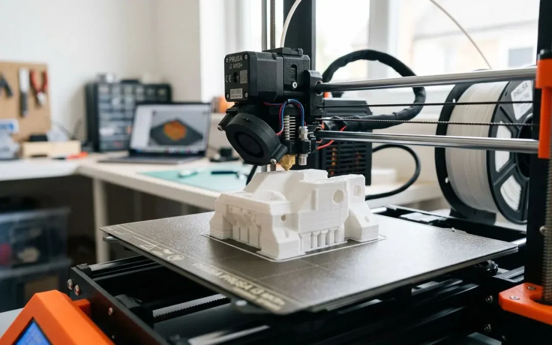 Impression 3D en cours: une imprimante 3D prête à fabriquer un modèle complexe blanc sur le plateau.