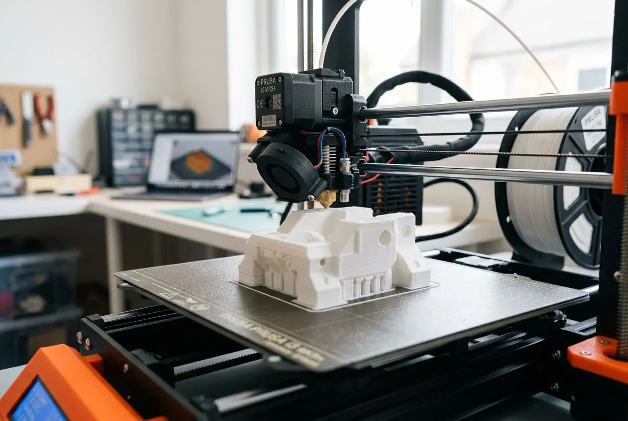 Impression 3D en cours: une imprimante 3D prête à fabriquer un modèle complexe blanc sur le plateau.