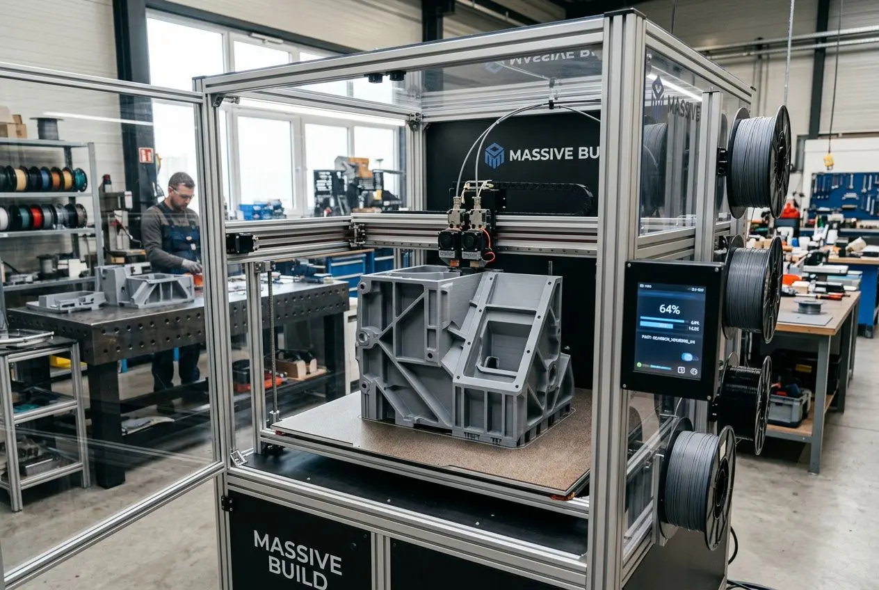 Impression 3d grand format: une imprimante 3D grand format Massive Build en atelier, avec cadres en aluminium et bobines de filament sur le côté.