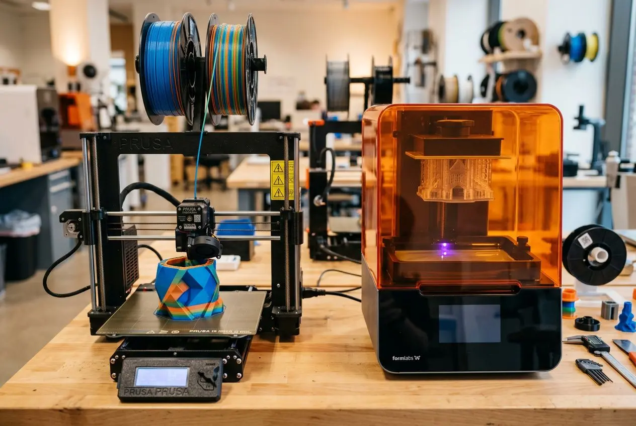 Imprimante 3D FDM et机 SLA côte à côte sur un établi, filaments en bobines au-dessus et pièces imprimées colorées visibles. diff entre fdm et sla est présenté.
