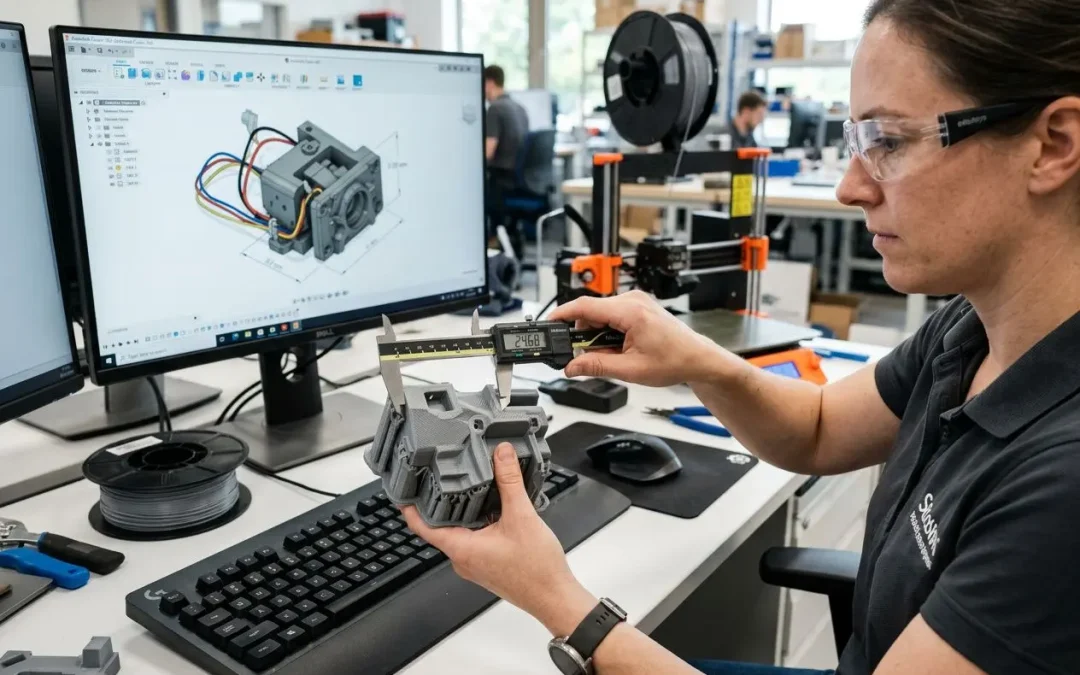 Personne dans un atelier de prototypage rapide, mesure d’un modèle imprimé en 3D avec calage sur une main et écran montrant le rendu CAO. intégrant les méthodes de prototypage rapide.