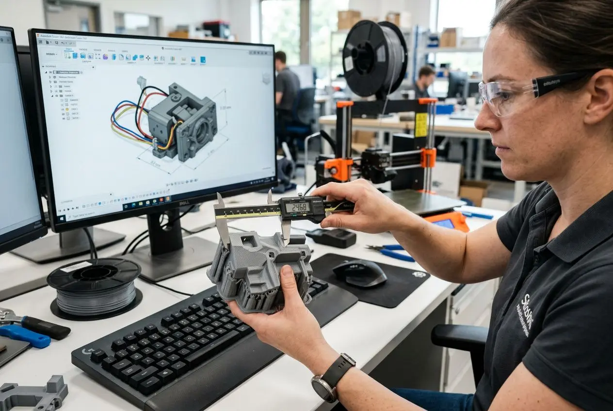 Personne dans un atelier de prototypage rapide, mesure d’un modèle imprimé en 3D avec calage sur une main et écran montrant le rendu CAO. intégrant les méthodes de prototypage rapide.