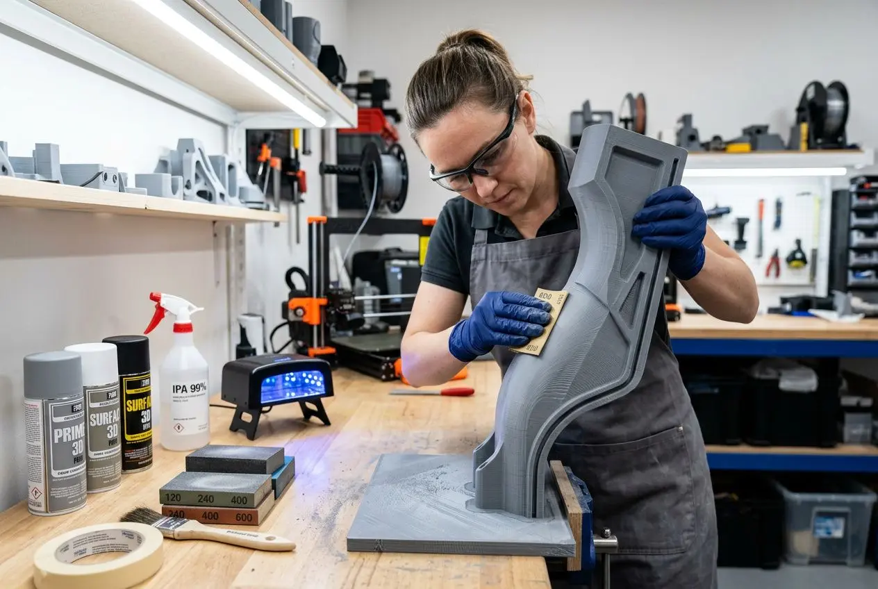 Photographeuse en atelier 3D grand format, ponçant une pièce imprimée sur une grande imprimante 3D, outils et matériaux autour.