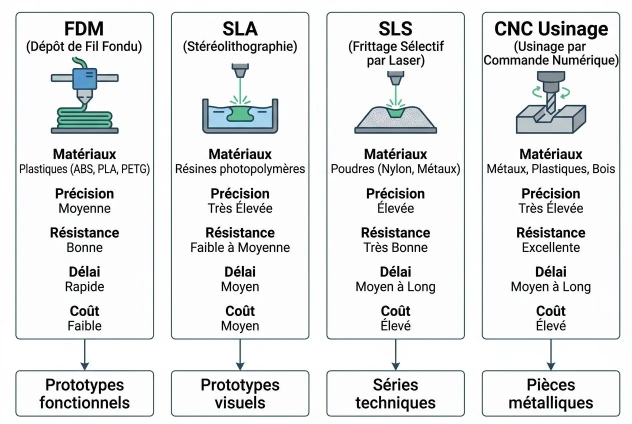 Quatre panneaux illustrant FDM, SLA, SLS et CNC Usinage avec matériaux, précision, résistance, délai et coût; clés pour prototypage rapide.