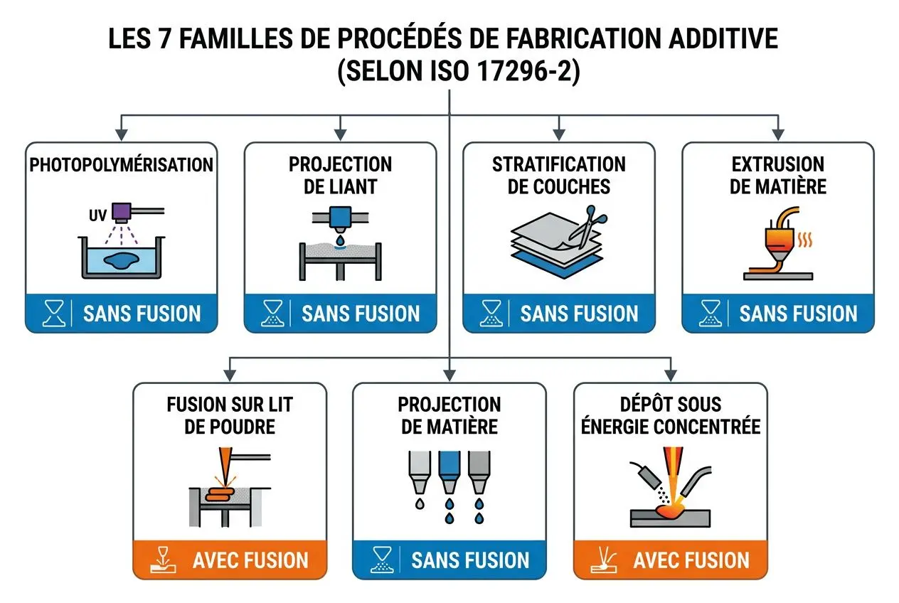 Schéma des sept familles de procédés de fabrication additive selon ISO 17296-2, titres et icônes.