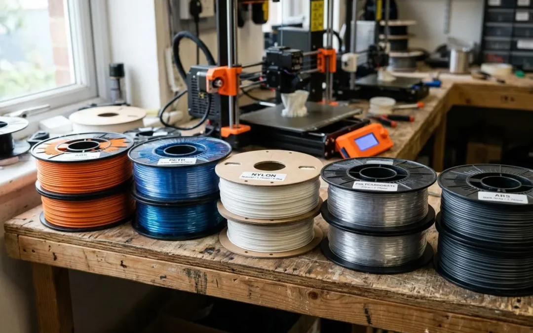Bobines de filaments pour imprimante 3D sur une table, prêts à tester, avec une imprimante 3D en arrière-plan. Matériaux impression 3d résistant chaleur.