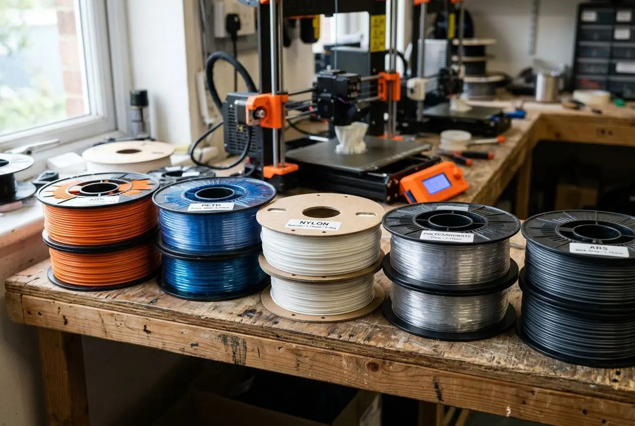 Bobines de filaments pour imprimante 3D sur une table, prêts à tester, avec une imprimante 3D en arrière-plan. Matériaux impression 3d résistant chaleur.