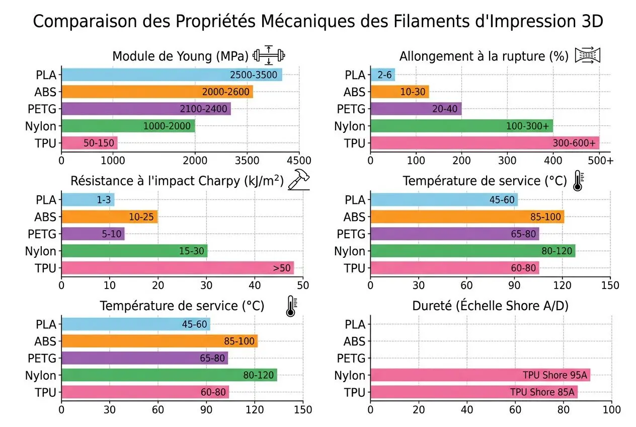 Comparaison des propriétés mécaniques des filaments d'impression 3D et guide sur comment choisir filament 3d selon le type.