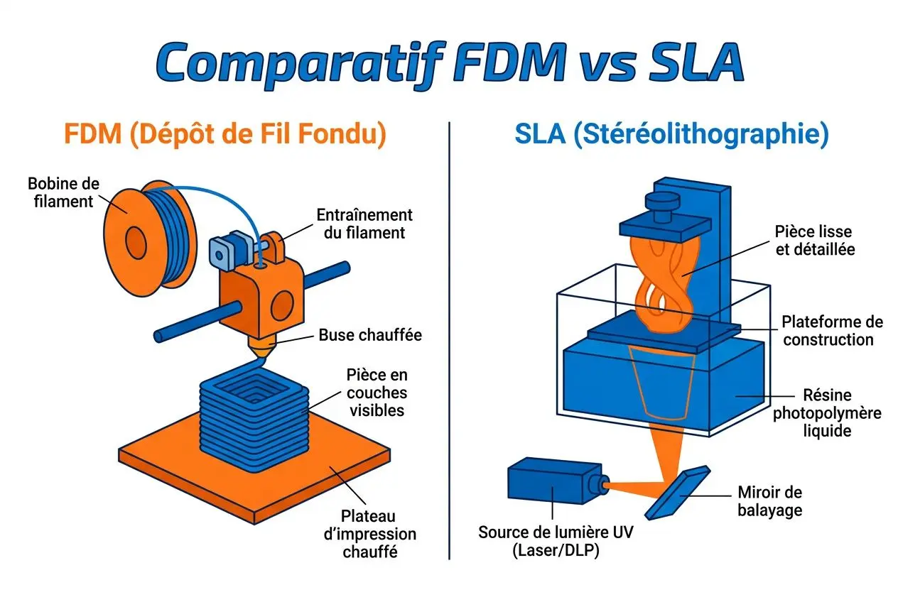 Comparatif FDM vs SLA: illustration schématique montrant les procédés FDM et SLA avec composants principaux et lit chauffant sous un cadrage descriptif.