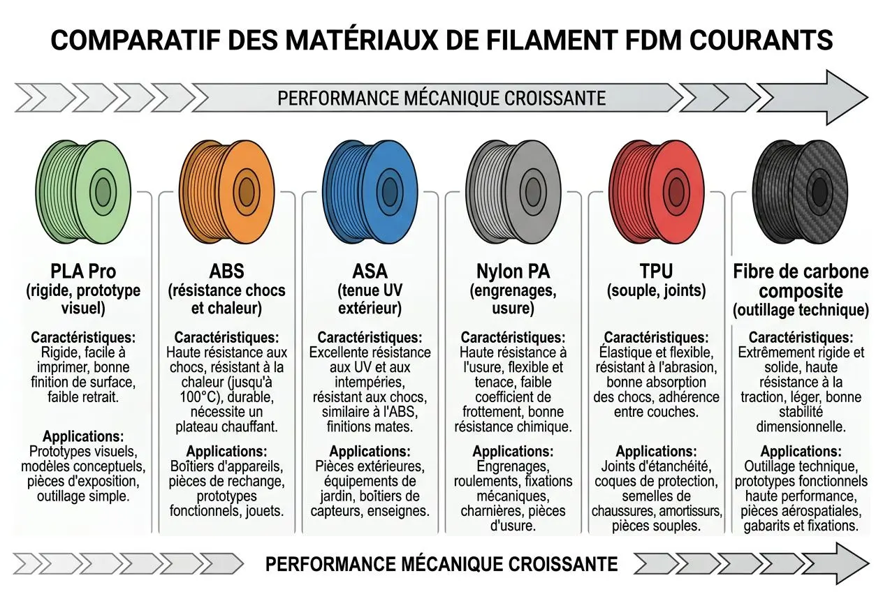 Comparatif des matériaux de filament FDM courants montrant l’évolution de performance mécanique et dépôts successifs de filaments pour impression 3d fdm fonctionnement