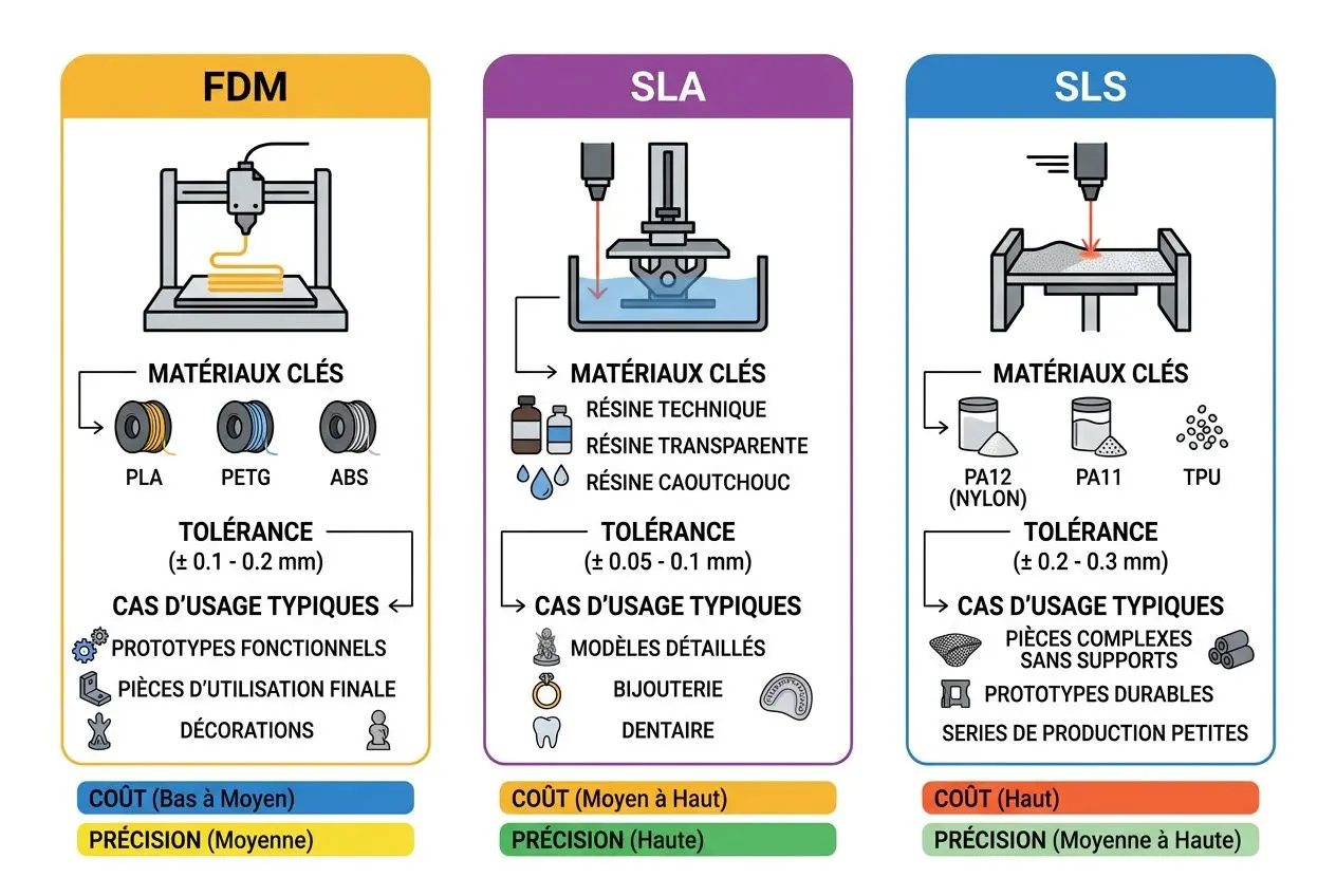 Diagramme comparatif des méthodes FDM, SLA et SLS pour le prototypage 3D, avec matériaux, tolérances et cas d’usage.