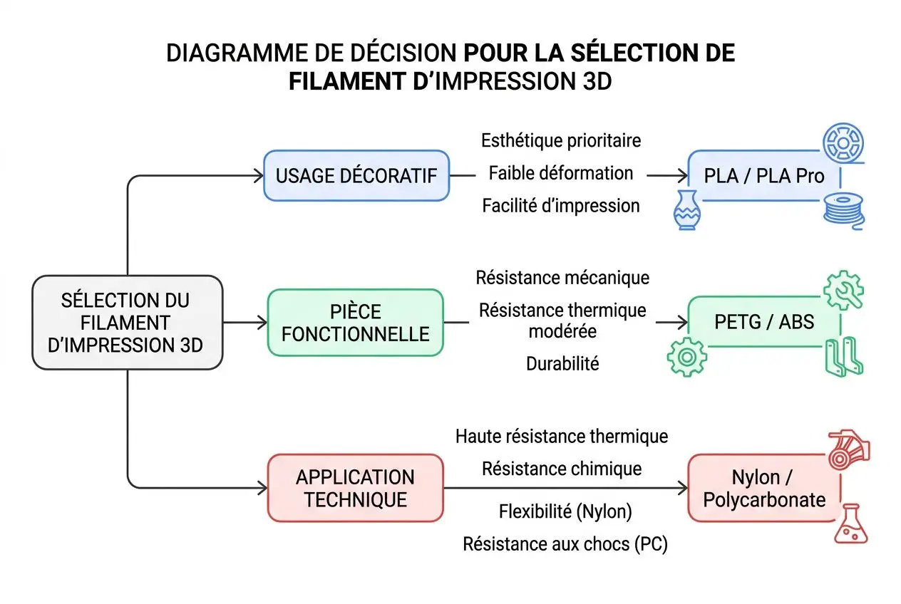 Diagramme de décision pour la sélection de filament d’impression 3D montrant usages décoratifs, pièce fonctionnelle et application technique, avec PLA/PLA Pro, PETG/ABS et Nylon/Polycarbonate. intégration du terme comparatif matériaux impression 3d.