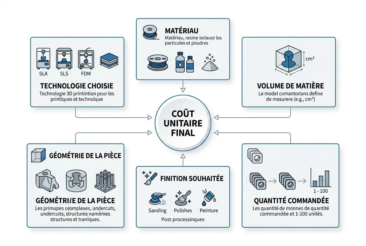 Diagramme illustrant le coût unitaire final en impression 3d petites séries, avec sections matériaux, volume, géométrie, quantité commandée et finitions, autour d’un objectif de devis et production.