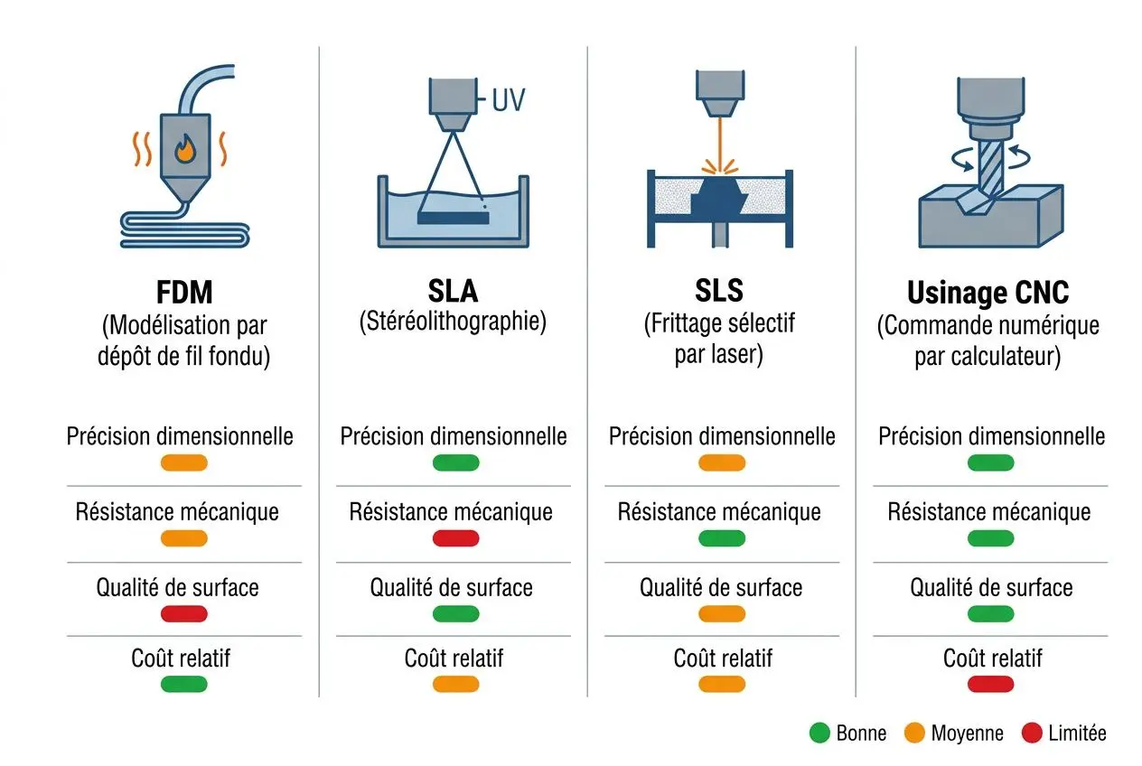 Diagramme des procédés de prototypage rapide montrant FDM, SLA, SLS et Usinage CNC avec indicateurs de précision, résistance et coût. Prototypage rapide c'est quoi.
