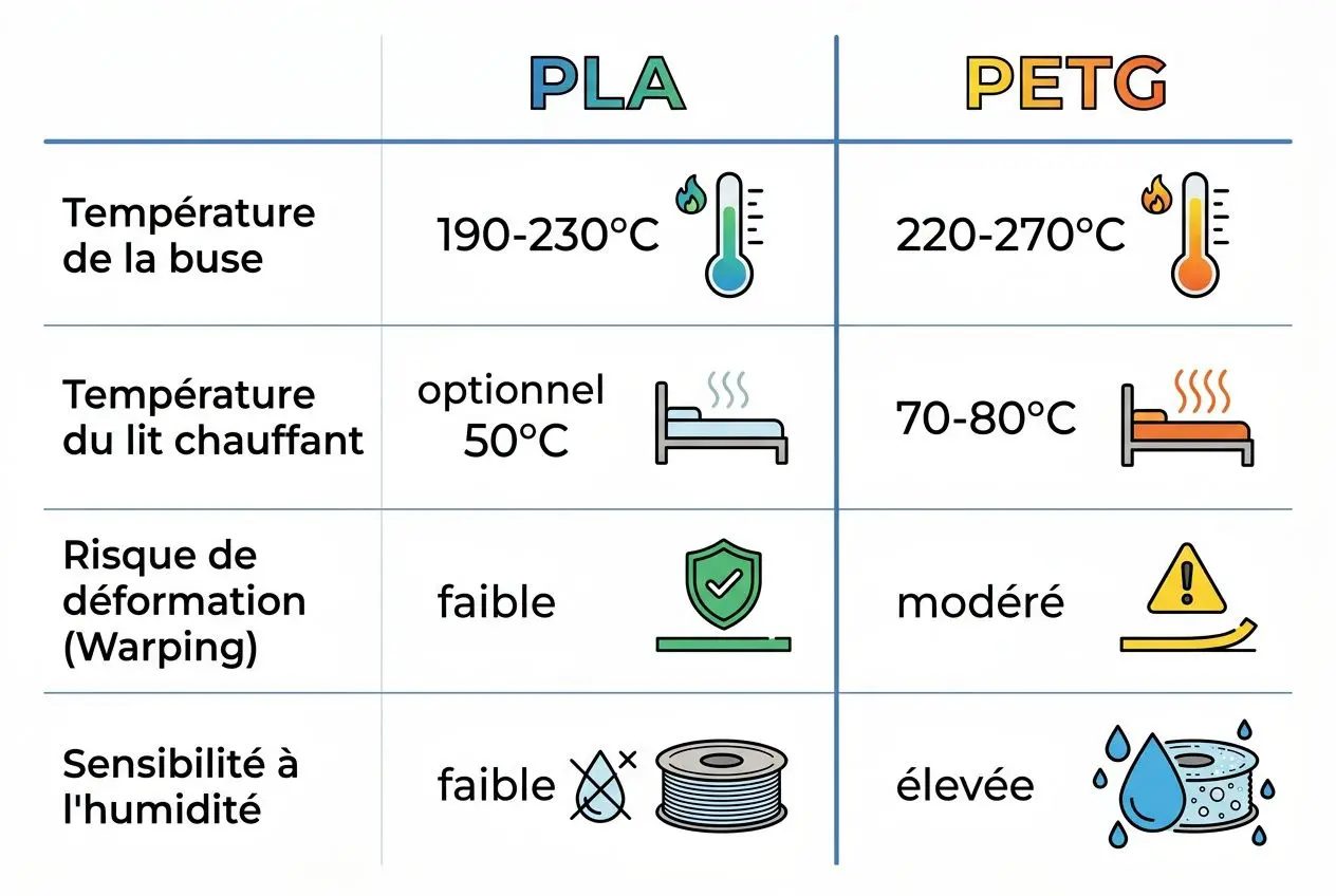 Différence entre pla et petg : tableau compare températures, chauffage, déformation et humidité pour PLA et PETG.
