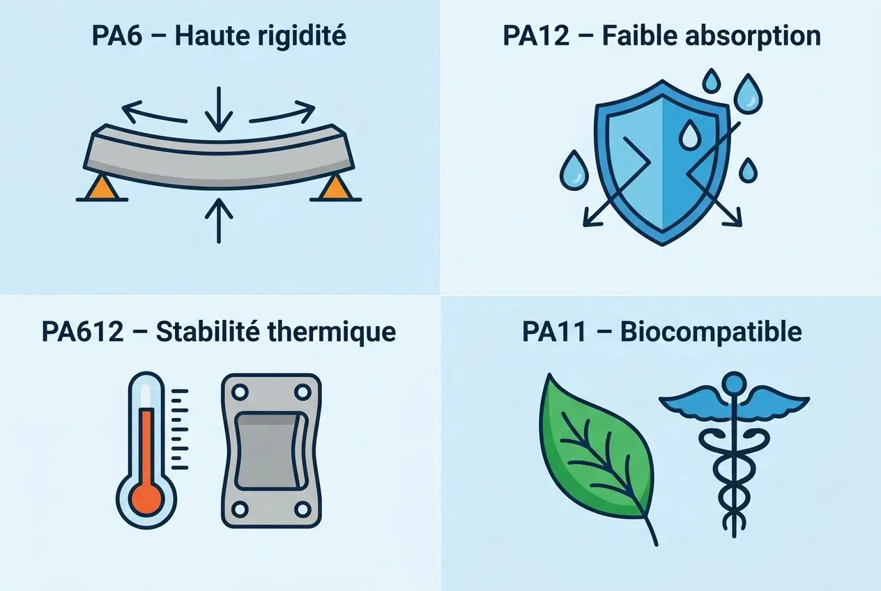 Filament nylon caractéristiques : image illustrant diverses propriétés du nylon pour l’impression 3D (rigidité, faible absorption, stabilité thermique, bicompatibilité).