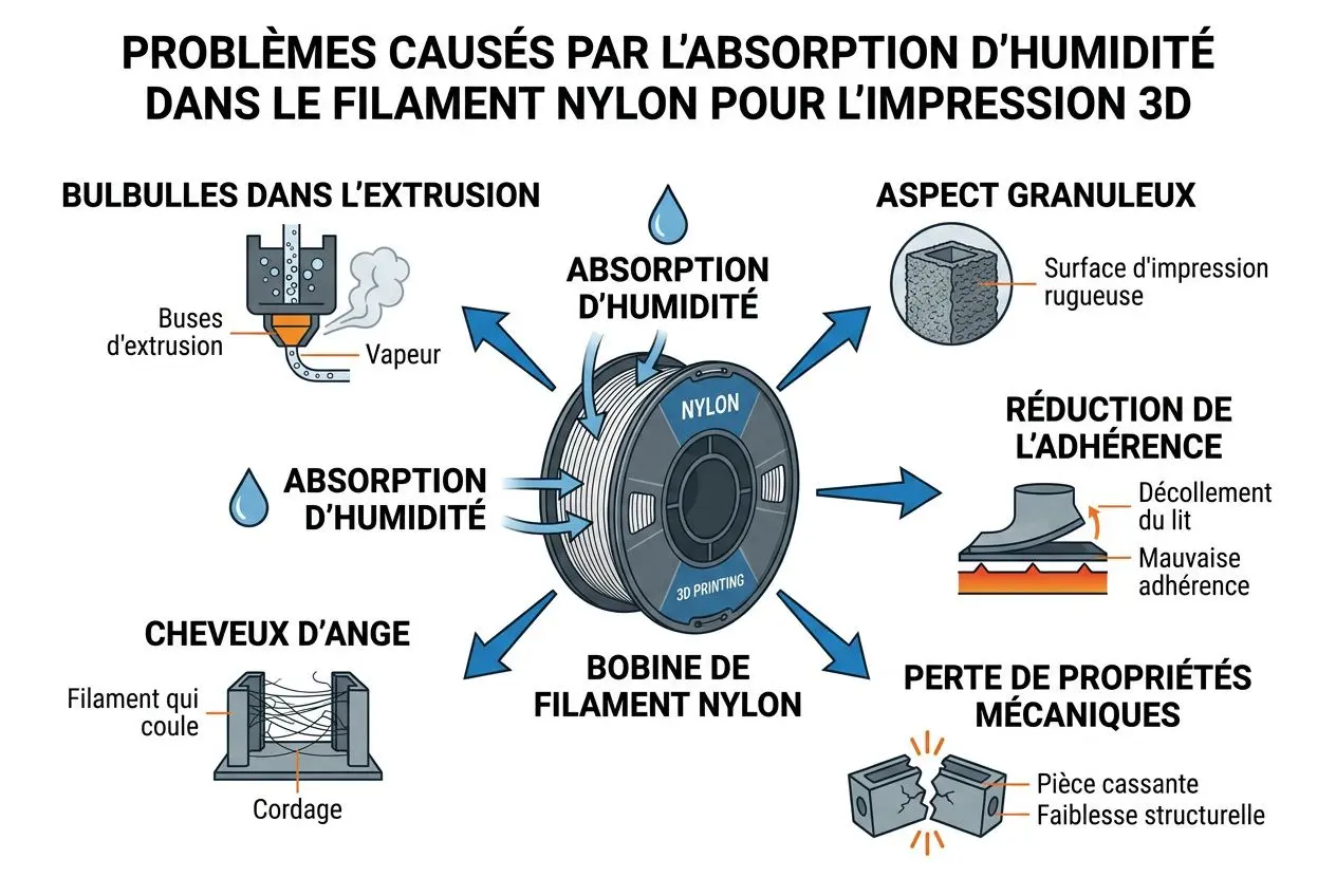 Filament nylon caractéristiques : schéma montrant les problèmes d’absorption d’humidité et leurs effets sur l’impression 3D avec le filament nylon.