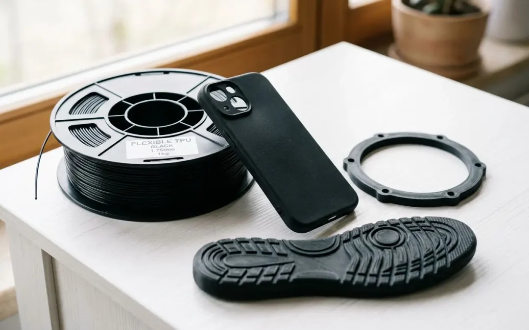 Filament tpu flexible impression 3d: bobine noir TPU, composants d’un objet imprimé en 3D, et semelle sportive près d’un smartphone noir.