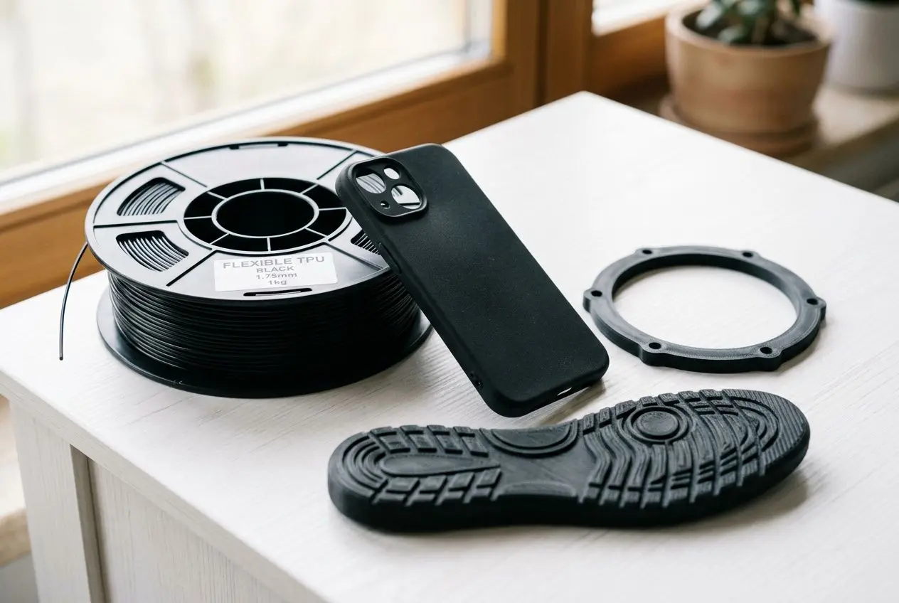 Filament tpu flexible impression 3d: bobine noir TPU, composants d’un objet imprimé en 3D, et semelle sportive près d’un smartphone noir.