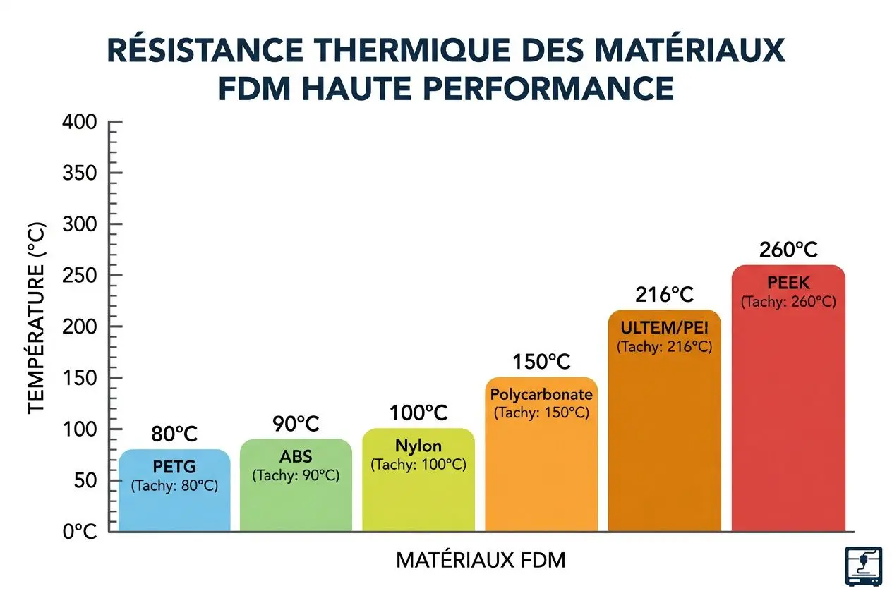 Graphique des résistances thermiques des matériaux FDM haute performance, montrant PETG 80°C, ABS 90°C, Nylon 100°C, Polycarbonate 150°C, Ultem/PEI 216°C et PEEK 260°C. Matériaux impression 3d résistant chaleur.
