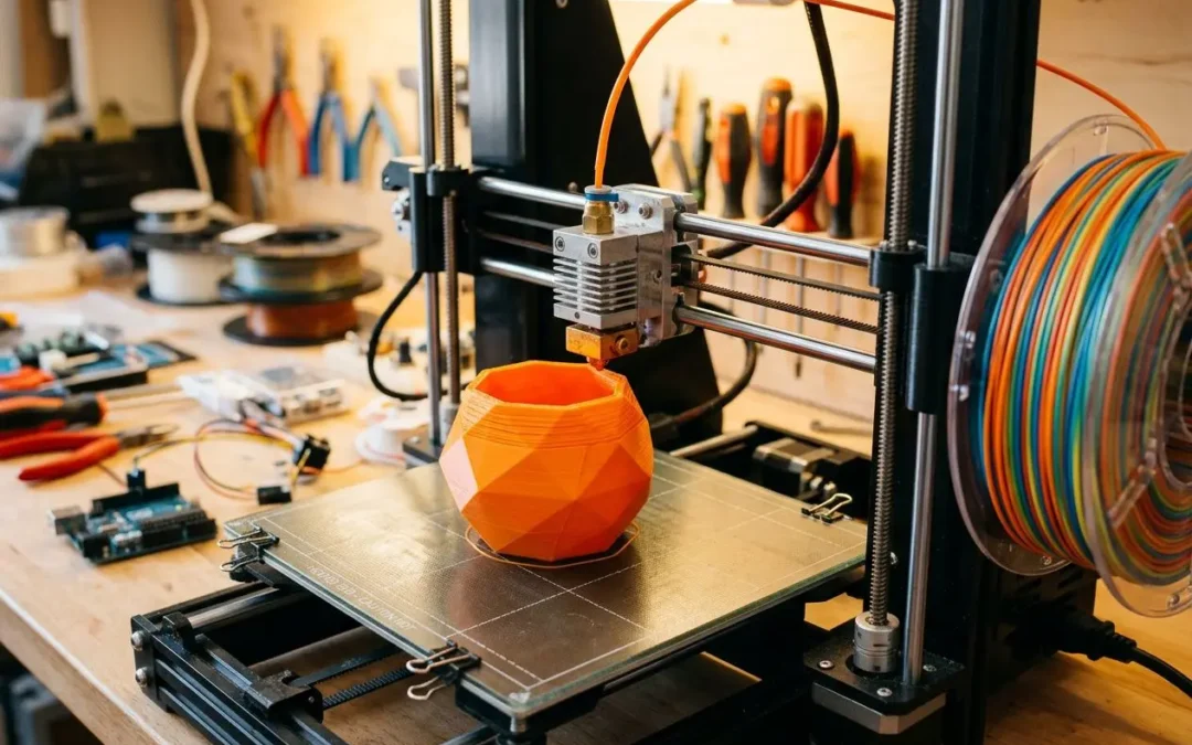 Impression 3d fdm fonctionnement : une imprimante dépose couche par couche un dépôt de filament fondu et dépose un objet géométrique orange sur la plate‑forme.