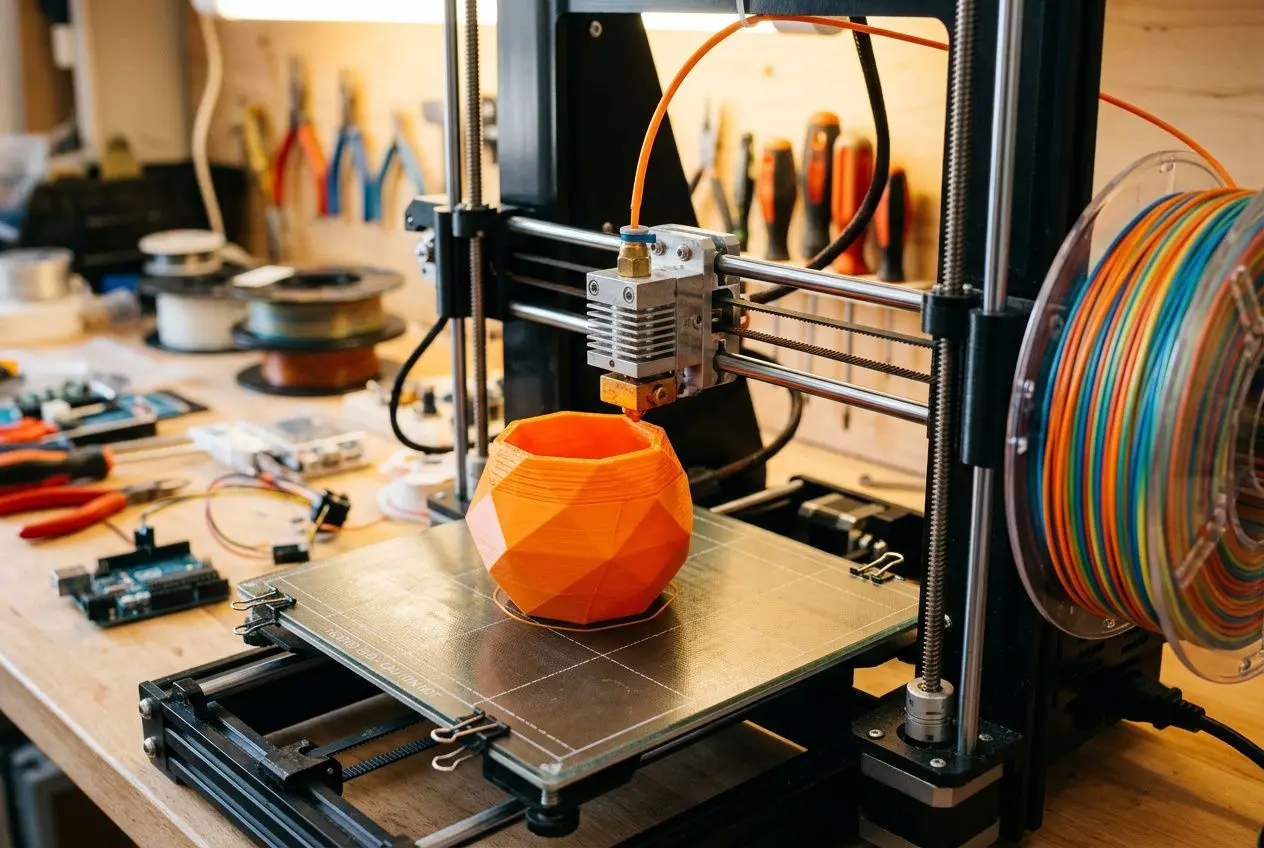 Impression 3d fdm fonctionnement : une imprimante dépose couche par couche un dépôt de filament fondu et dépose un objet géométrique orange sur la plate‑forme.