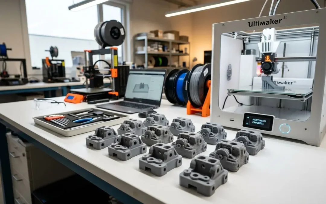 Impression 3d petites séries: pièces prototypes imprimées sur une table avec imprimante Ultimaker et outils, en atelier.