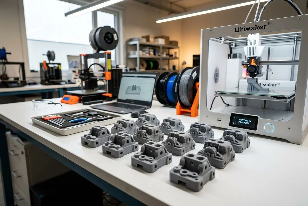 Impression 3d petites séries: pièces prototypes imprimées sur une table avec imprimante Ultimaker et outils, en atelier.