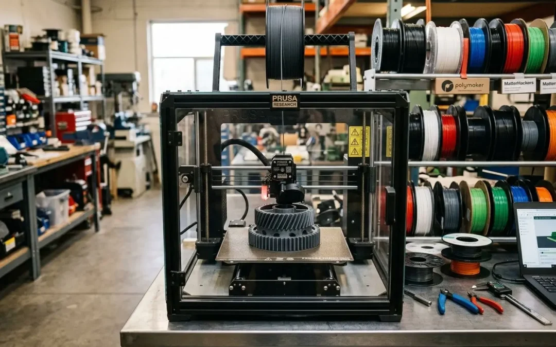 Impression 3d pièces fonctionnelles: une imprimante 3D professionnelle en boutique, extrudeuse sur pièce complexe, filaments colorés et outils autour.