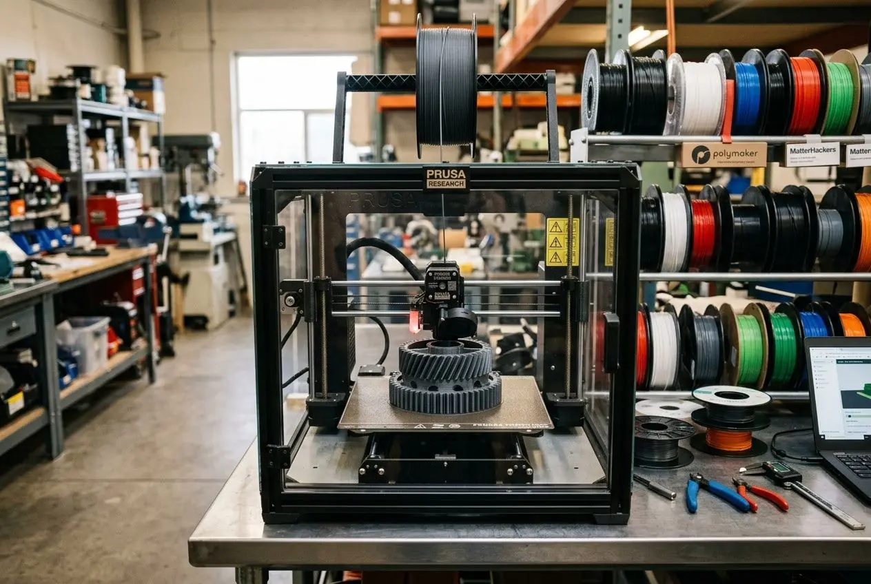 Impression 3d pièces fonctionnelles: une imprimante 3D professionnelle en boutique, extrudeuse sur pièce complexe, filaments colorés et outils autour.