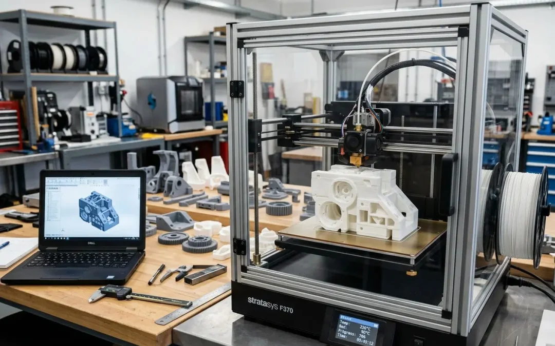 Impression 3D en prototypage rapide : une machine SLA/SLS surprenante dans un labo, imprimant une pièce complexe avec une imprimante 3D et ordinateur affichant le modèle. Prototypage rapide c'est quoi.