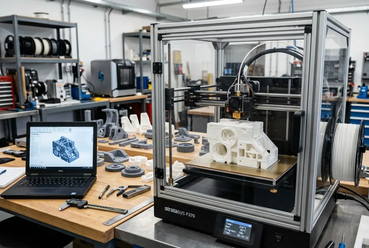 Impression 3D en prototypage rapide : une machine SLA/SLS surprenante dans un labo, imprimant une pièce complexe avec une imprimante 3D et ordinateur affichant le modèle. Prototypage rapide c'est quoi.