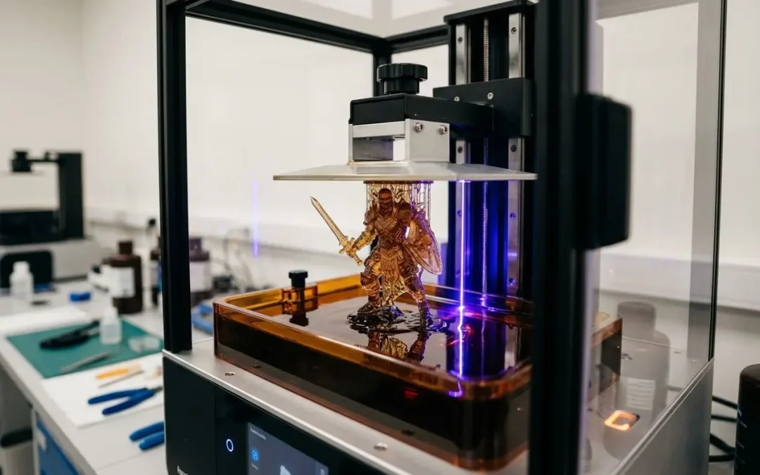 Imprimante 3D SLA en action imprimant une figurine dorée sur le plateau, éclairage UV et boîtier noir, ambiance laboratoire. Résine impression 3d sla utilisée.