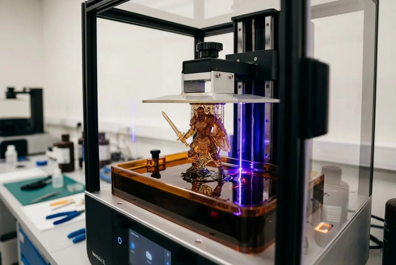 Imprimante 3D SLA en action imprimant une figurine dorée sur le plateau, éclairage UV et boîtier noir, ambiance laboratoire. Résine impression 3d sla utilisée.