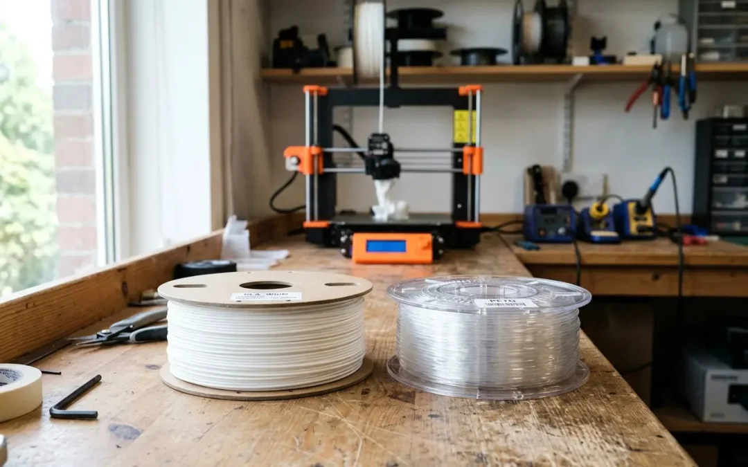 Imprimante 3D sur une table et deux bobines de filament (PLA et PETG) prêtent à être utilisés, dans un atelier.