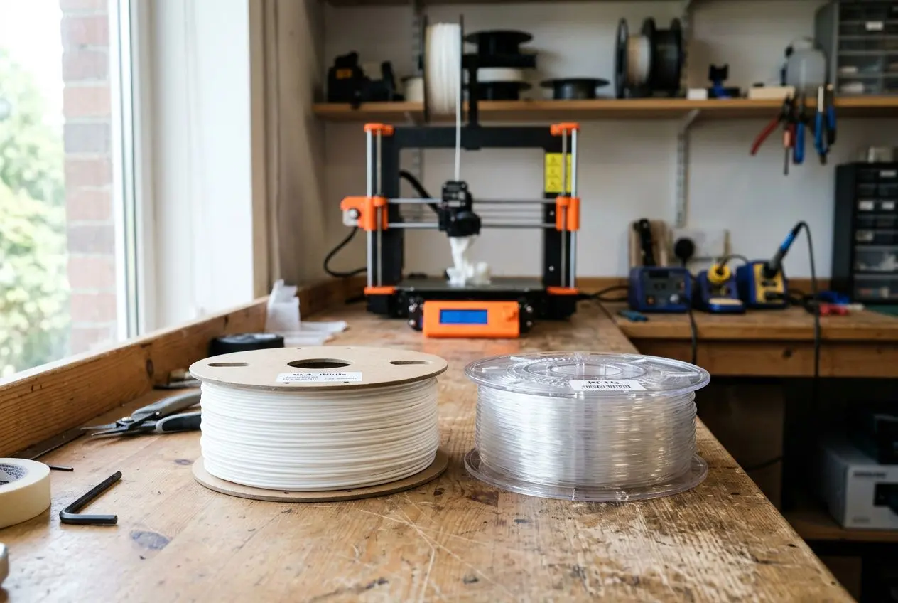 Imprimante 3D sur une table et deux bobines de filament (PLA et PETG) prêtent à être utilisés, dans un atelier.