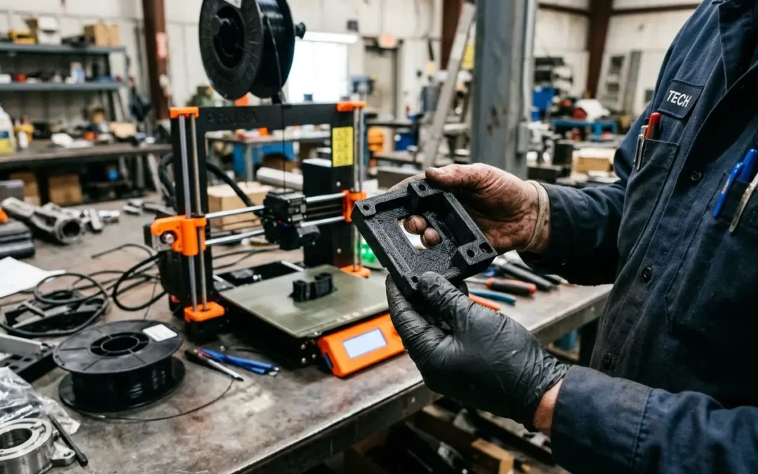 Opérateur manipulant une pièce imprimée en 3D près d’une imprimante 3D et d’outils en atelier, prêt pour une impression de pièce de rechange. impression 3d pièces de rechange.