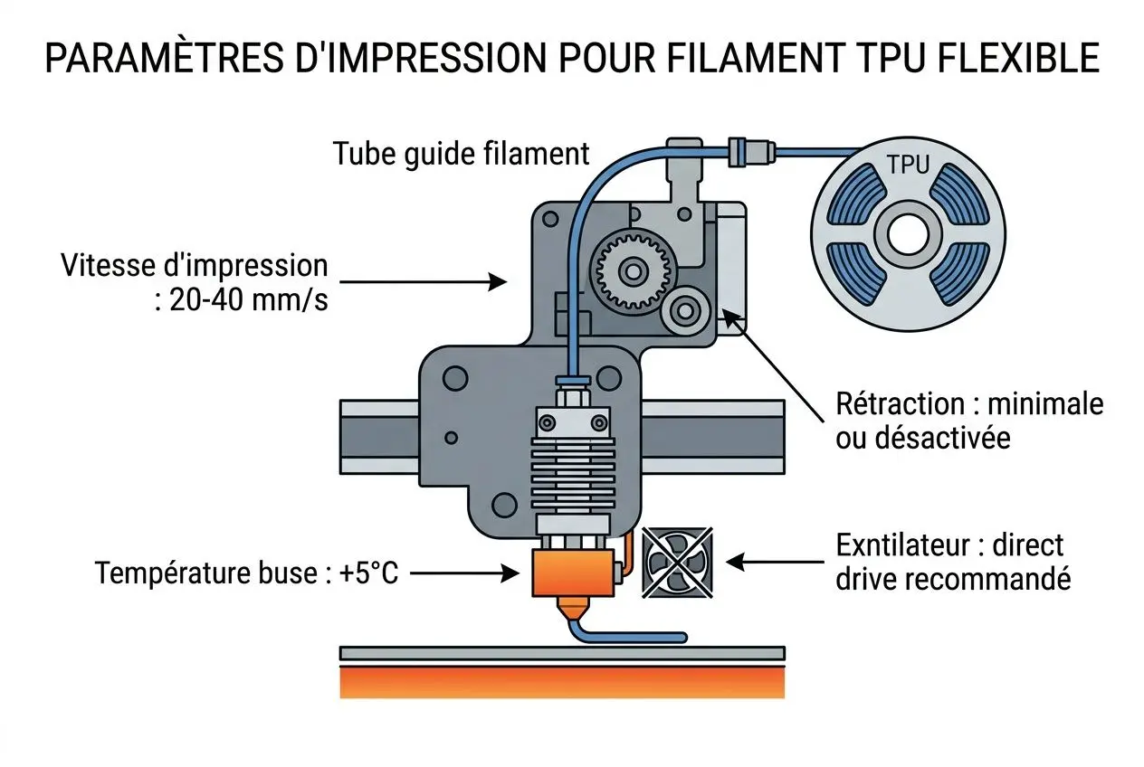 Paramètres d'impression pour filament TPU flexible : schéma illustrant la vitesse d'impression, tube guide, rétraction minimale, extrudeur direct drive, température du buse et plateforme, dédié au filament tpu flexible impression 3d.