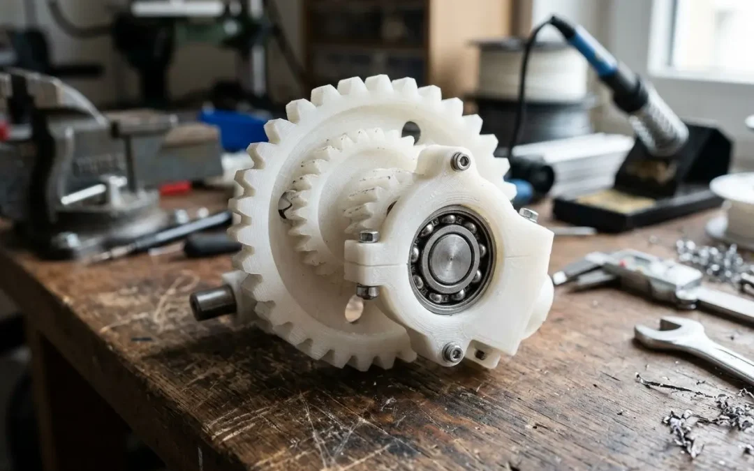 Pièce mécaniques imprimée en 3D montrant des engrenages en filament nylon, sur un établi avec outillage et roulements.ilenames: filament nylon caractéristiques