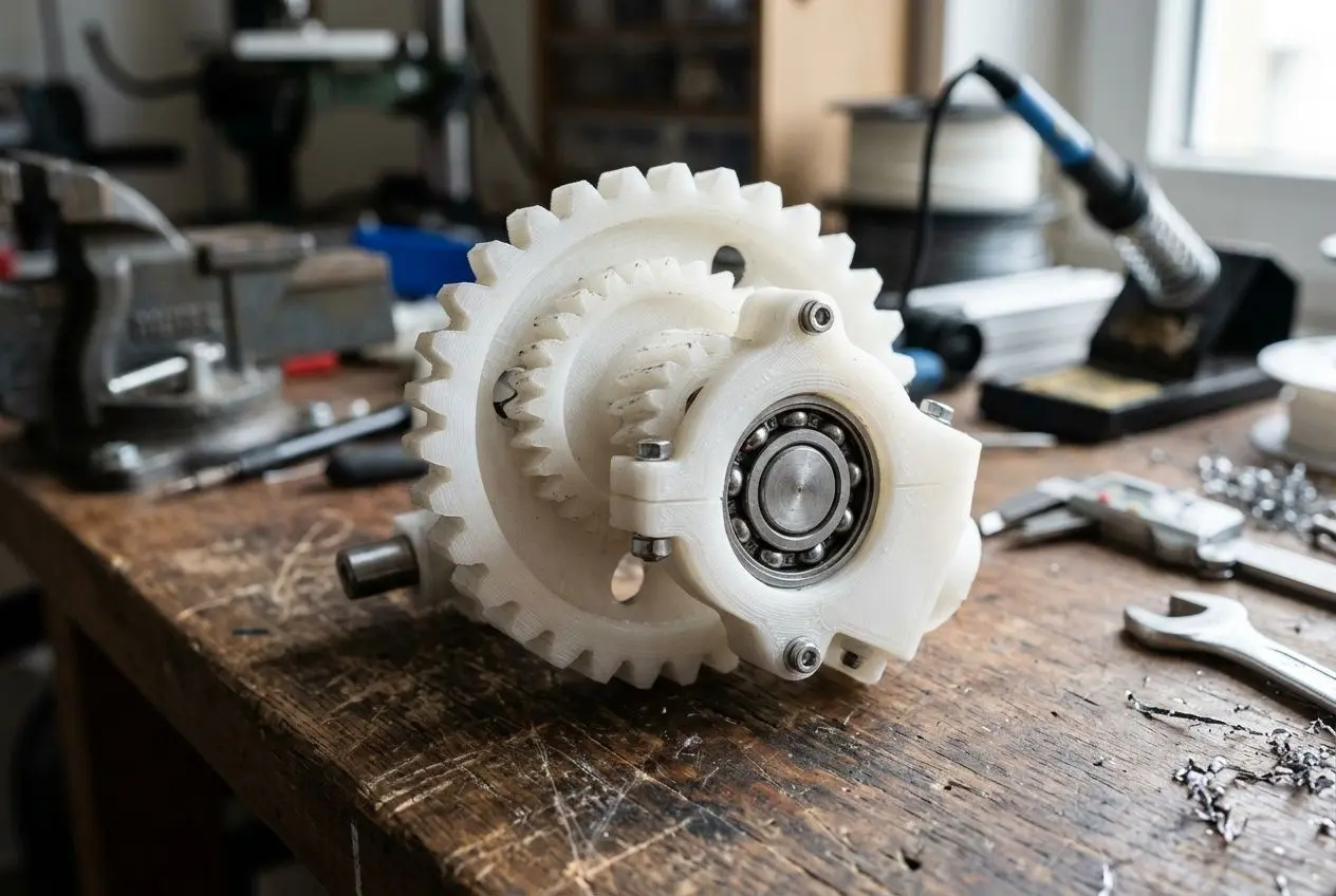 Pièce mécaniques imprimée en 3D montrant des engrenages en filament nylon, sur un établi avec outillage et roulements.ilenames: filament nylon caractéristiques