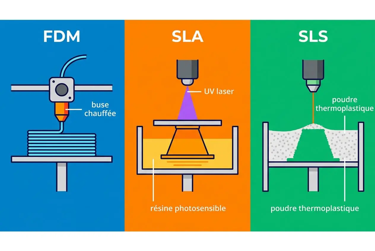 Prototypage rapide : illustration des technologies FDM, SLA et SLS avec extrudeur, résine photosensible et poudre thermoplastique. protyping rapide c'est quoi.