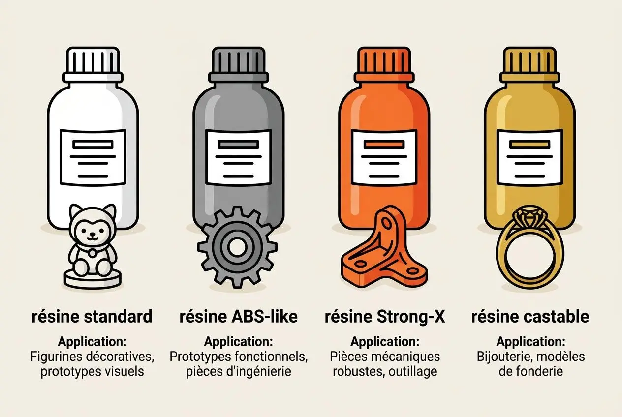Quatre fioles de résine 3D imprimable de couleurs différentes avec étiquettes, légendes et petites figurines; diagramme comparatif des résines standard, ABS-like, Strong-X et résine castable.