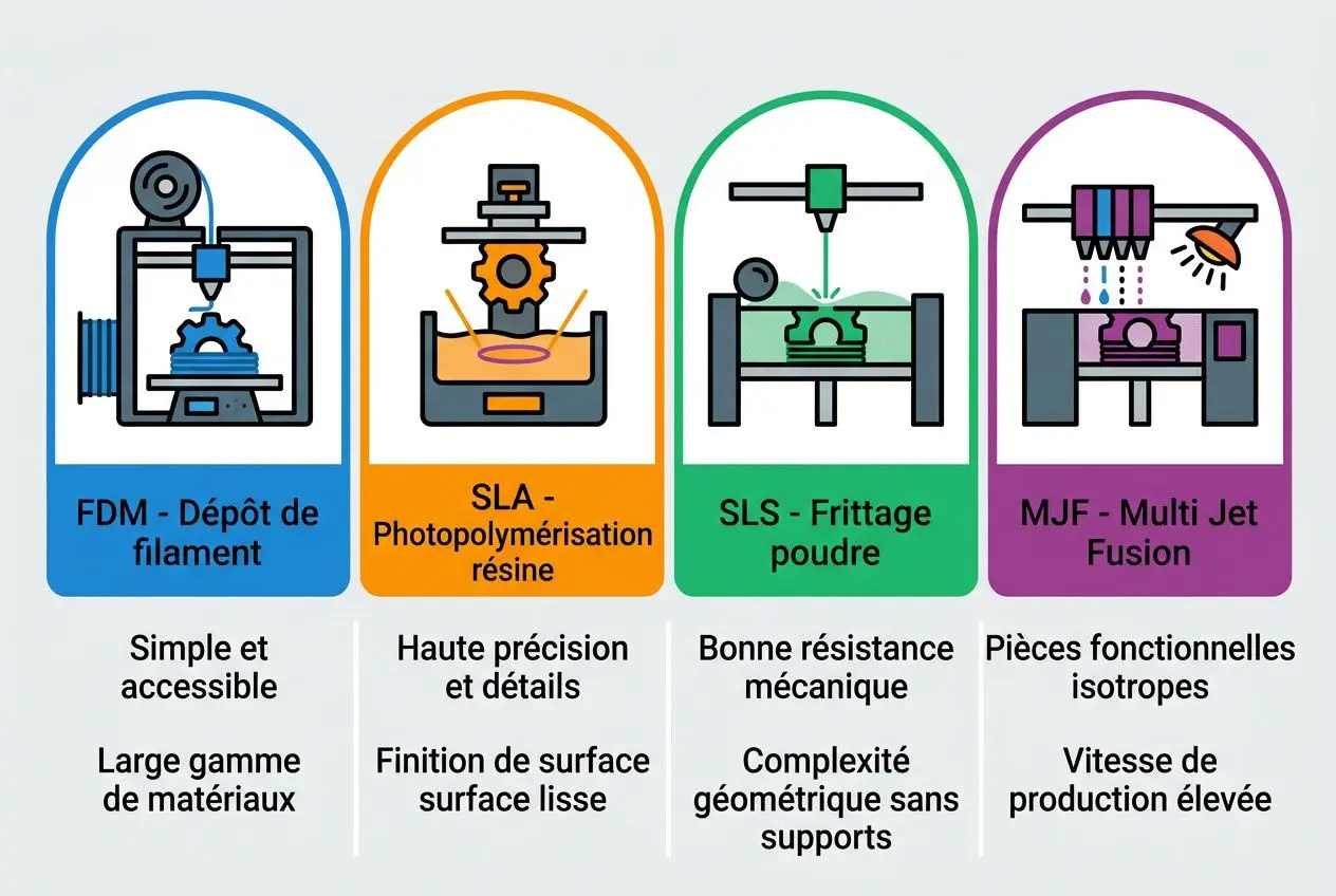 Quatre technologies d’impression 3D : dépôt de filament, photopolymérisation résine, frittage poudre et fusion jet/jet fusion, affichées en pictogrammes colorés.