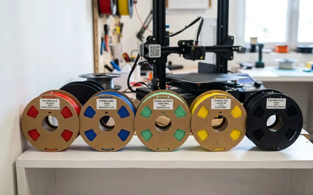 Rouleaux de filament 3D colorés alignés sur une table près d’une imprimante 3D, chacun montré avec des codes couleur distincts. intégré: comment choisir filament 3d.