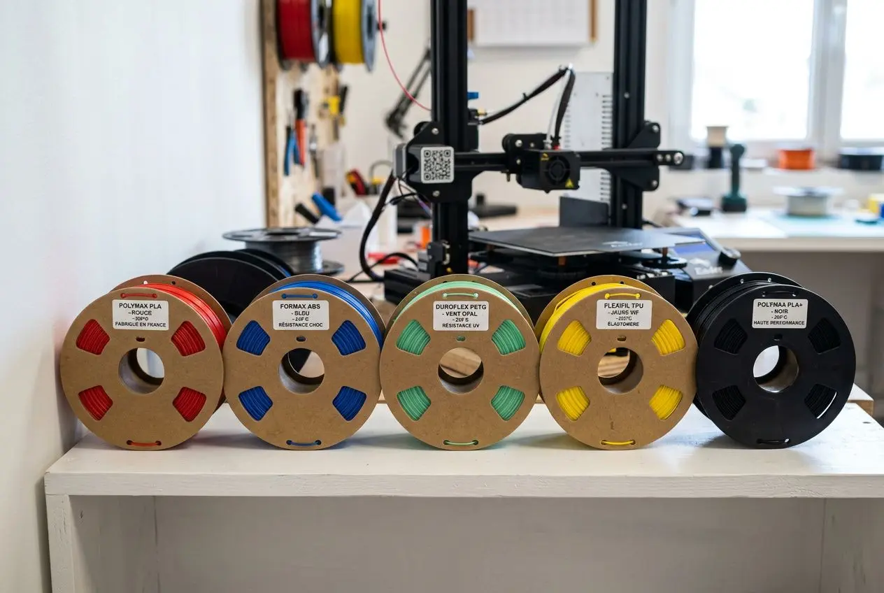 Rouleaux de filament 3D colorés alignés sur une table près d’une imprimante 3D, chacun montré avec des codes couleur distincts. intégré: comment choisir filament 3d.