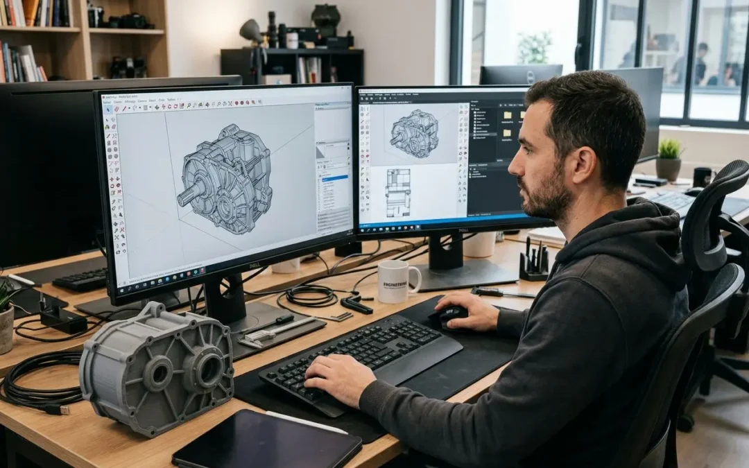 Utilisateur en atelier, deux écrans affichant des modèles CAO 3D, souris et clavier; pièce imprimée 3D sombre sur le côté. Inclut le contexte “comment faire prototypage 3d” de manière naturelle.