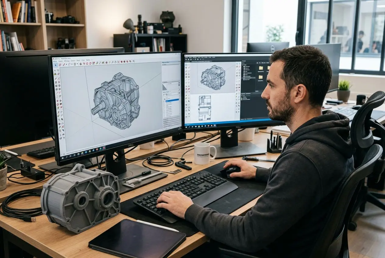 Utilisateur en atelier, deux écrans affichant des modèles CAO 3D, souris et clavier; pièce imprimée 3D sombre sur le côté. Inclut le contexte “comment faire prototypage 3d” de manière naturelle.
