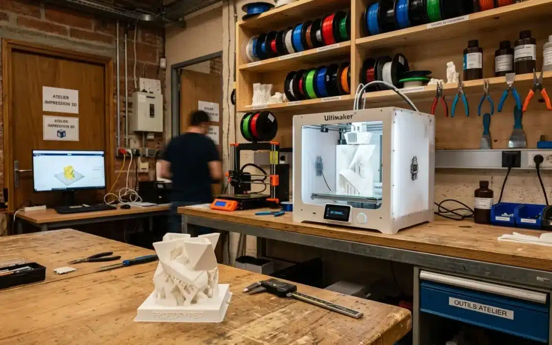 Atelier d’impression 3D avec imprimante Ultimaker et objets imprimés en cours sur le établi, racks de filaments colorés et outils. Impression 3D objet personnalisé.
